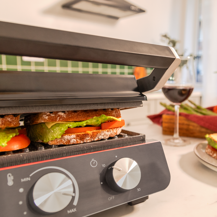 Grătar electric Cecotec Rock'nGrill Blaze Neon, 2200 W, suprafață 29 × 23 cm, deschidere la 180°