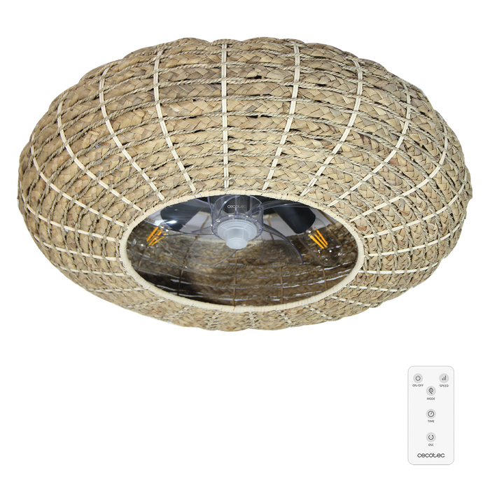 Ventilator de tavan cu lampă Cecotec EnergySilence LampAero 650 Natural Wicker, 20 W, 3 trepte, 5 pale