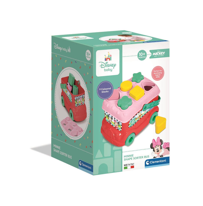 Autobuz-sortator Clementoni Disney Baby, Minnie Shape Sorter Bus, 9 blocuri, 10+ luni