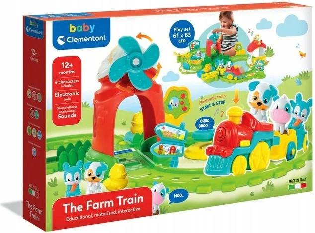 Trenuleț educativ Clementoni Baby, The Farm Train, motorizat și interactiv, 12+ luni, 4 personaje, 61 x 83 cm