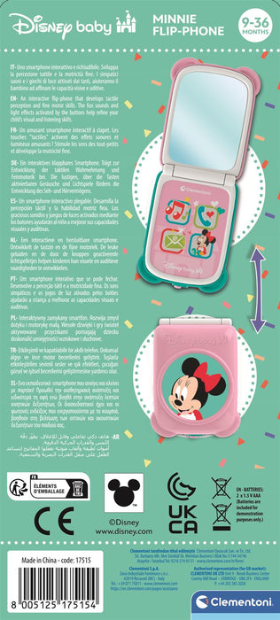 Telefon de jucărie Clementoni Disney Baby Minnie, cu clapetă, 4 butoane, 9-36 luni