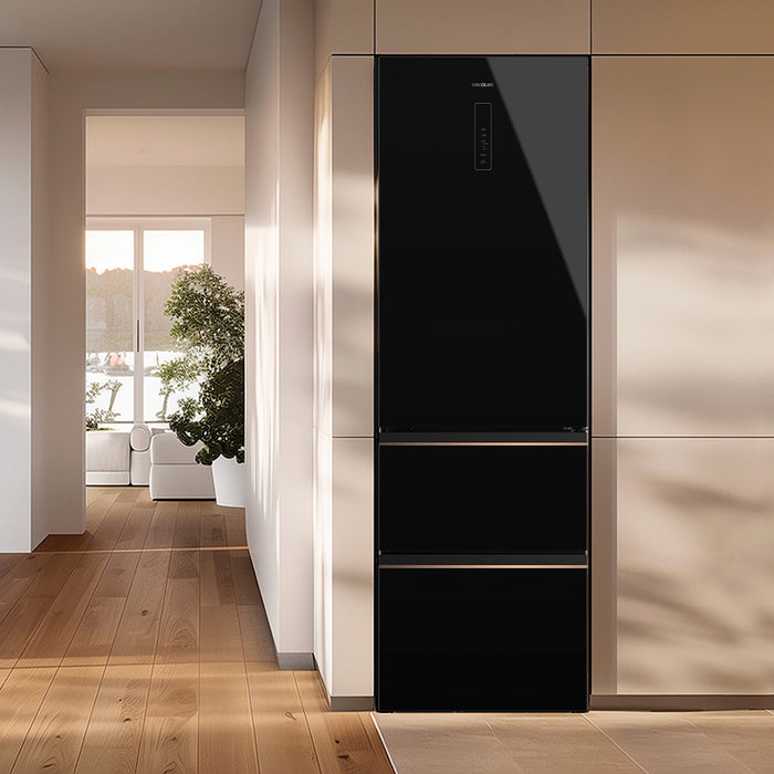 Frigider combină French Door Cecotec Bolero CoolMarket Combi FD 400 Black Glass E, 400 l, 60 × 63,8 × 190,8 cm, clasa E, negru