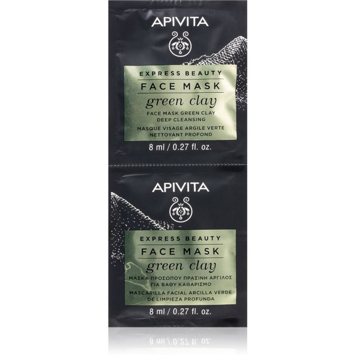 Mască de față Apivita Express Beauty Green Clay, cu argilă verde, pentru curățare profundă, 2 x 8 ml
