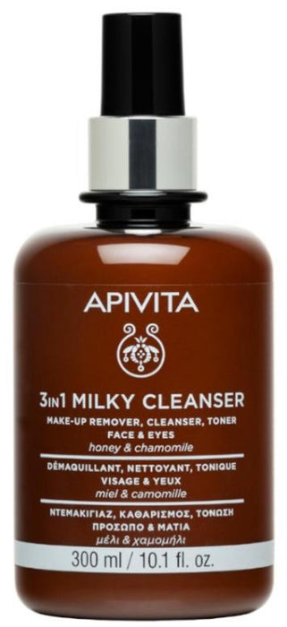 Lapte demachiant Apivita 3in1 Milky Cleanser, pentru față și ochi, curățare și hidratare, 300 ml