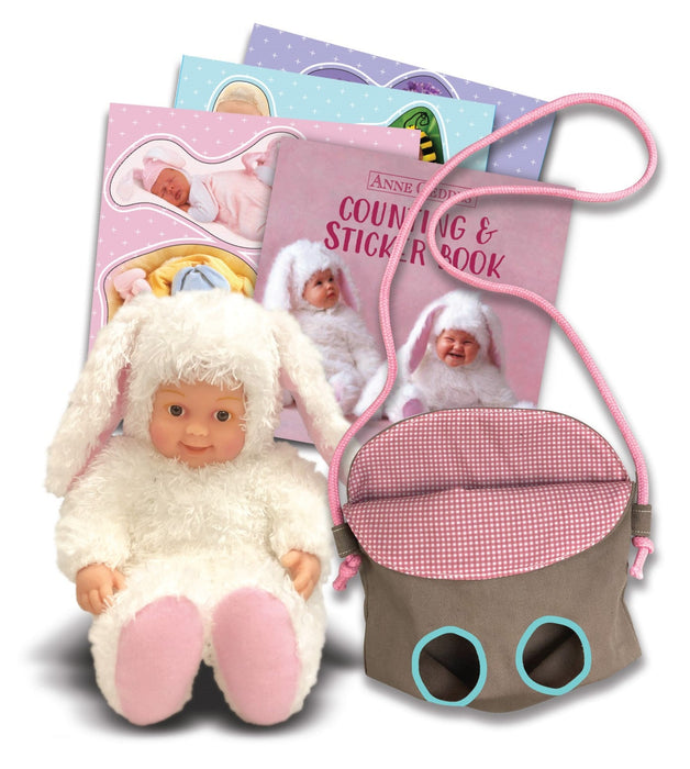 Păpușă Anne Geddes, Iepuraș, 23 cm, cu mini-carte cu stickere