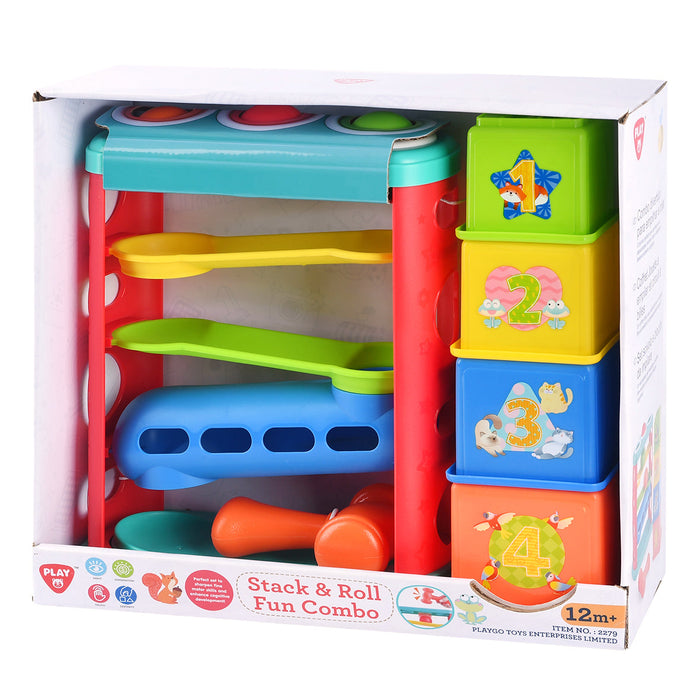Jucărie bebe PlayGo Stack & Roll Fun Combo, cu ciocan, circuit cu bile și 4 cuburi, 12+ luni