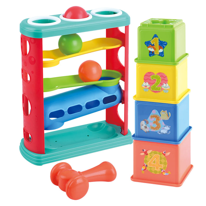 Jucărie bebe PlayGo Stack & Roll Fun Combo, cu ciocan, circuit cu bile și 4 cuburi, 12+ luni