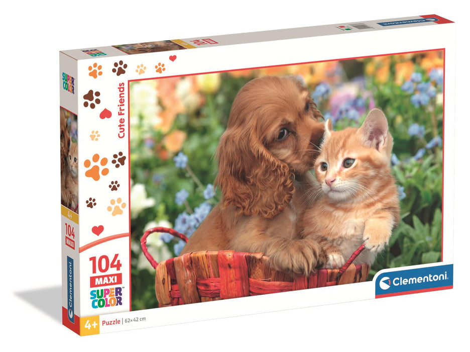 Puzzle Clementoni Cute Friends, Pisică și cățel, 104 piese, 4+ ani, 62 x 42 cm