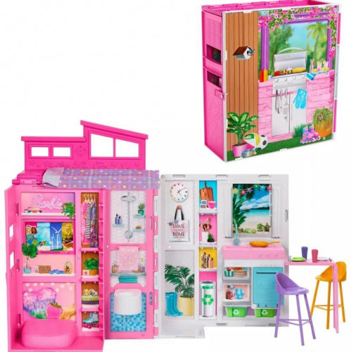 Set de joacă Mattel Barbie Getaway House, casă pliabilă, mobilier și accesorii