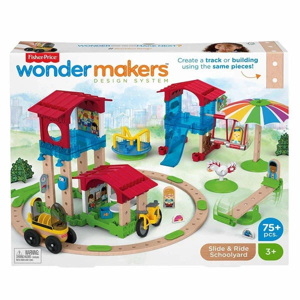 Set de construcție din lemn și plastic Mattel Fisher-Price Wonder Makers Design System, Slide & Ride Schoolyard, 75 piese, 3+ ani