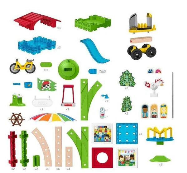 Set de construcție din lemn și plastic Mattel Fisher-Price Wonder Makers Design System, Slide & Ride Schoolyard, 75 piese, 3+ ani