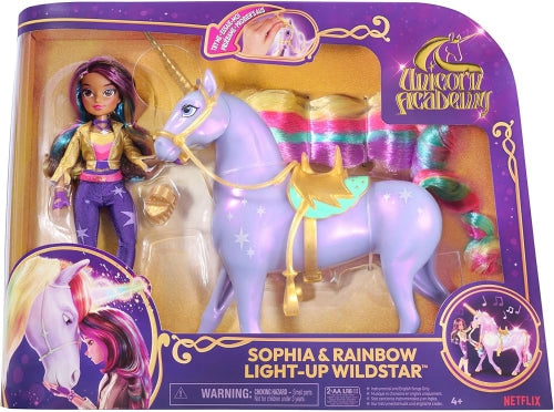 Set de joacă Spin Master Unicorn Academy, Sophia și Wildstar cu efect luminos curcubeu, 4+ ani