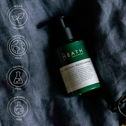 Heath London Oil Control Moisturiser, Cremă hidratantă control sebum, 100ml, sticlă verde cu pompă neagră
