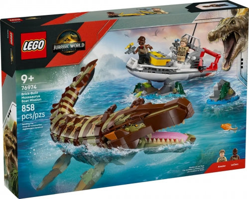 Set de construcție Lego Jurassic World, Brick-Built Mosasaurus Boat Mission, 858 piese, 9+ ani