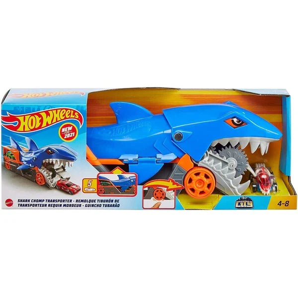 Transportor Mattel Hot Wheels Shark Chomp Transporter, capacitate de până la 5 mașinuțe, 4-8 ani