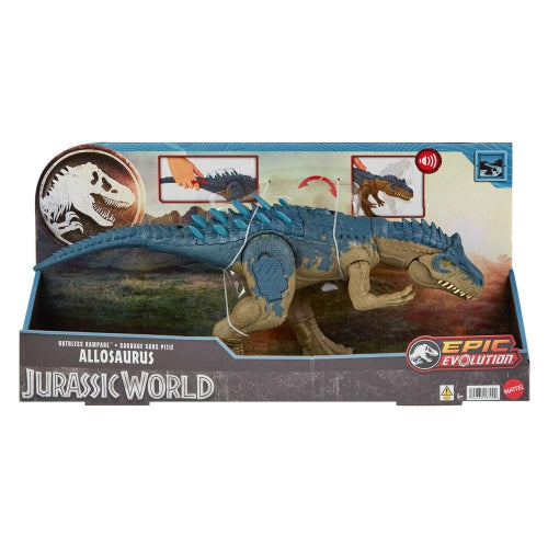 Figurină de acțiune Mattel Jurassic World, Ruthless Rampage Allosaurus, cu efecte sonore
