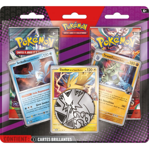 Blister Pokémon TCG Scarlet & Violet Team Rocket, Articuno, Zapdos și Tyranitar, 2 pachete, 3 cărți holografice, 6+ ani, ediție în limba franceză