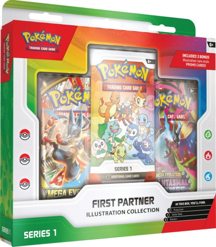 Set de cărți de joc Pokémon TCG First Partner Illustration Collection Series 1, 3 cărți promoționale, 6+ ani