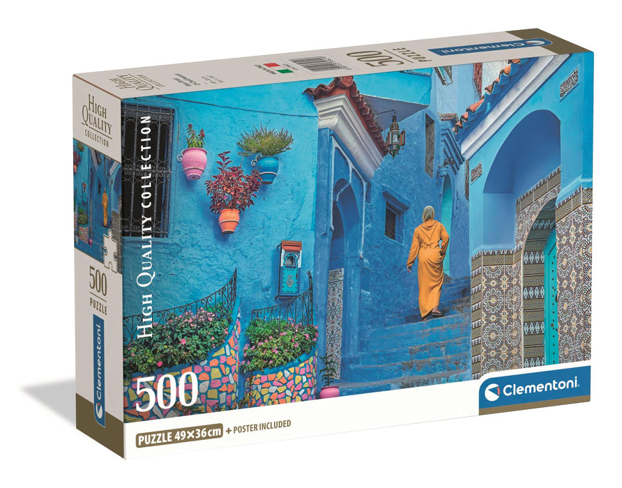 Puzzle Clementoni, colecția Compact, Blue Street of Chefchaouen, 500 piese, 49 × 36 cm