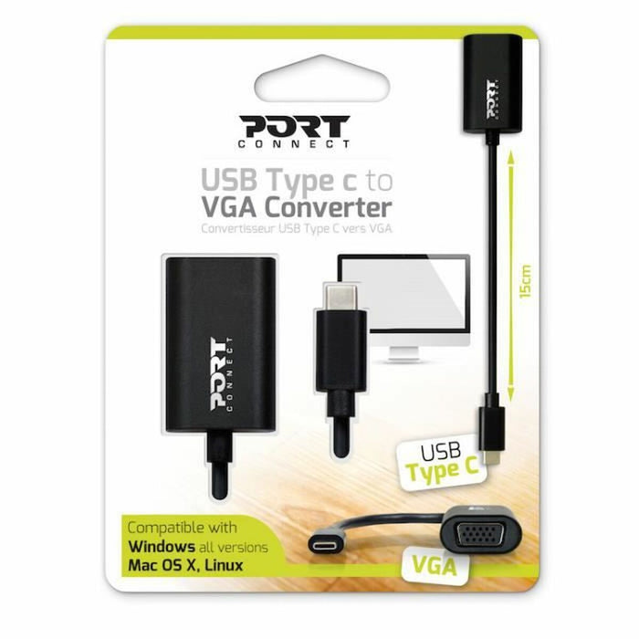 Adaptor USB C la VGA Port Designs 900125 Negru