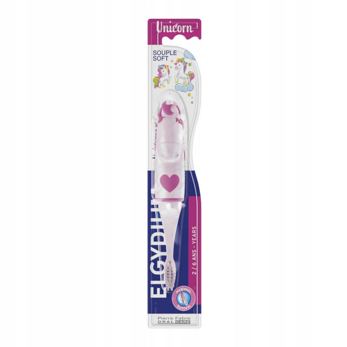 Periuță de dinți Elgydium Unicorn, cu peri moi, pentru copii 2–6 ani, violet