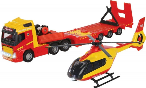 Set de vehicule Majorette Grand Series, camion Volvo cu remorcă și elicopter de poliție