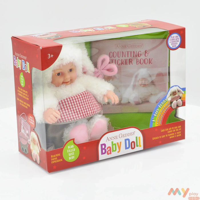 Păpușă Anne Geddes, Iepuraș, 23 cm, cu mini-carte cu stickere