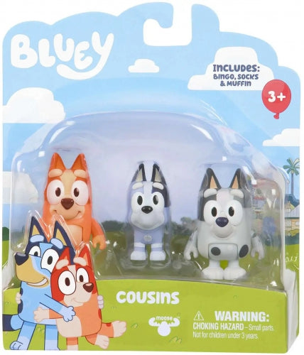 Set de figurine Moose Bluey Cousins, Bingo, Socks și Muffin, 3 figurine, 3+ ani
