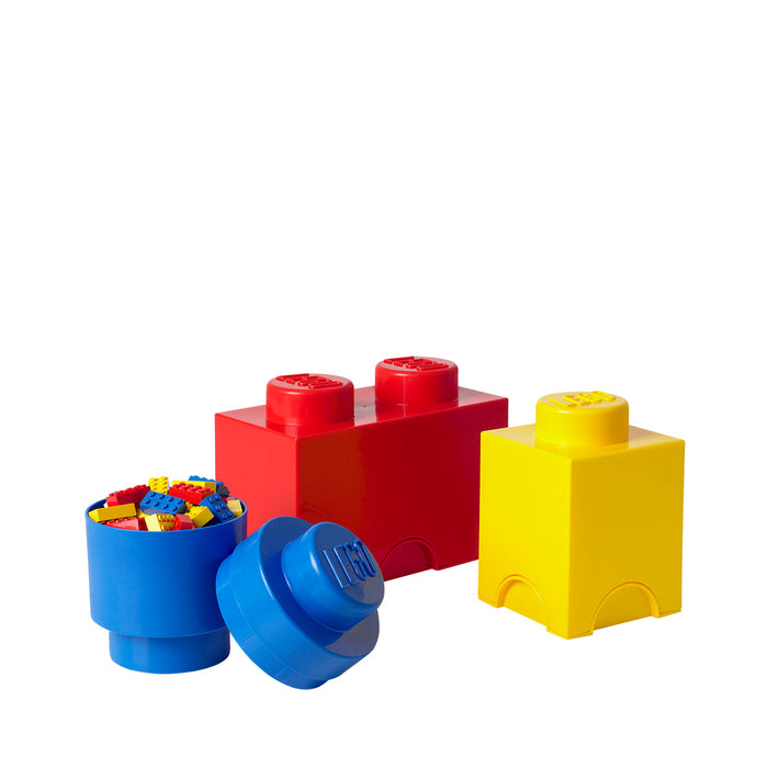 Set de 3 cutii de depozitare LEGO, model cărămidă, roșu, galben și albastru