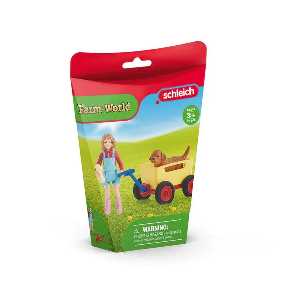 Set de joacă Schleich Farm World, Plimbare cu cățelul în căruț, 4 piese, 3+ ani