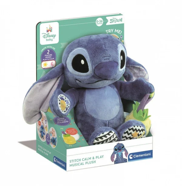Jucărie de pluș Clementoni Disney Baby Stitch Calm & Play, muzicală, 2 moduri, 0–36 luni