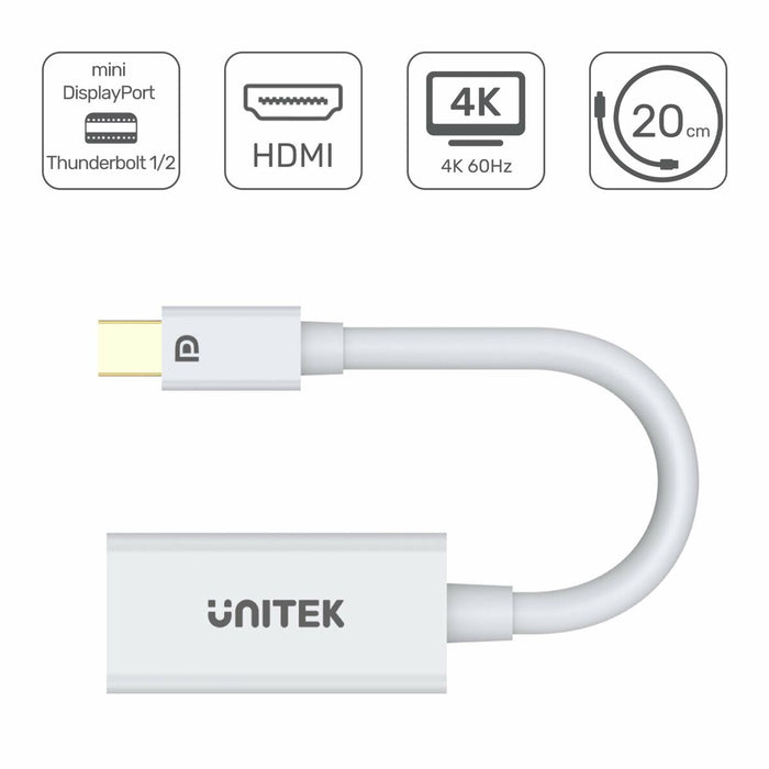 Adaptor Mini DisplayPort la HDMI Unitek Y-6331 Alb 20 cm