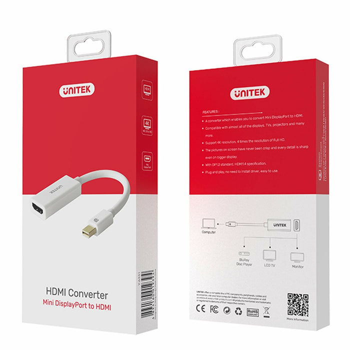Adaptor Mini DisplayPort la HDMI Unitek Y-6331 Alb 20 cm