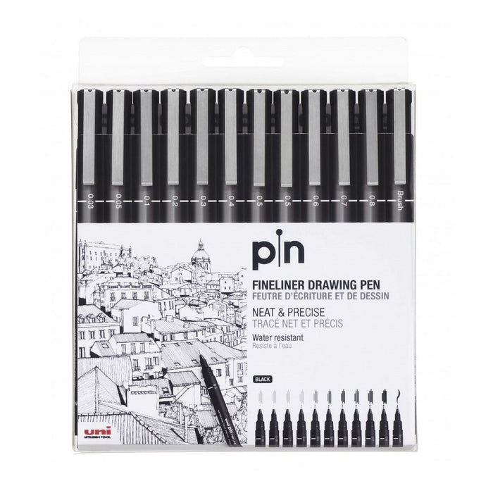 Set de Carioci Uni-Ball PIN-200(S) Negru 12 Piese Permanent
