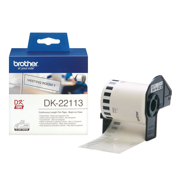 Bandă Laminată pentru Aparate de Etichetat Brother DK-22113 62 mm x 15,24 m Negru/Transparent