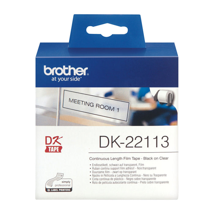 Bandă Laminată pentru Aparate de Etichetat Brother DK-22113 62 mm x 15,24 m Negru/Transparent