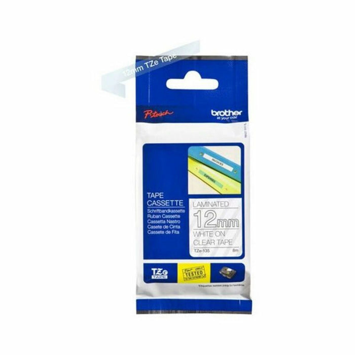 Bandă Laminată pentru Aparate de Etichetat Brother TZE135 Alb Transparent 12 mm x 8 m Gri