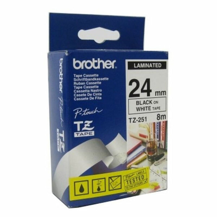 Bandă Laminată pentru Aparate de Etichetat Brother TZ-251 2,4 cm 8 m 24 mm Alb Negru Negru/Alb