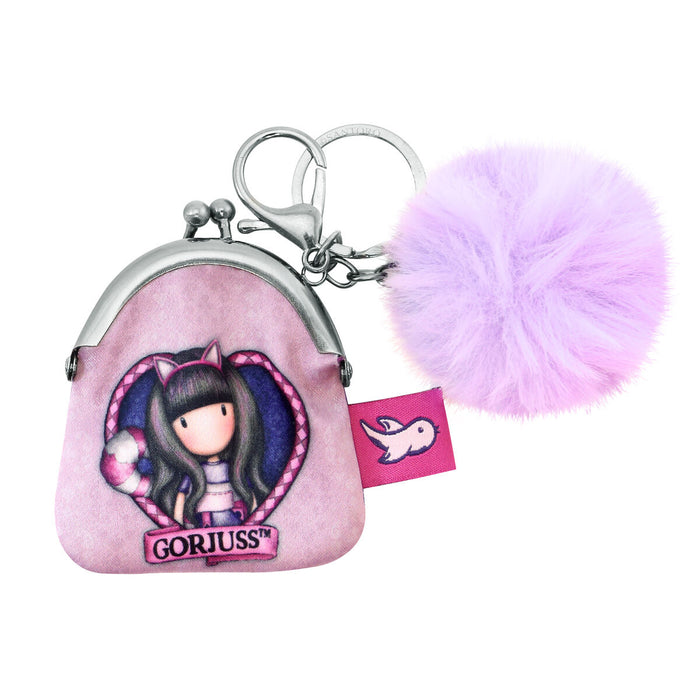 Breloc Portmoneu Gorjuss Cheshire cat Roz Mov Pompoane