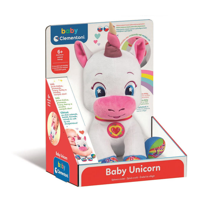 Jucărie de pluș interactivă Clementoni Baby, Baby Unicorn, 6+ luni, versiune în limba maghiară