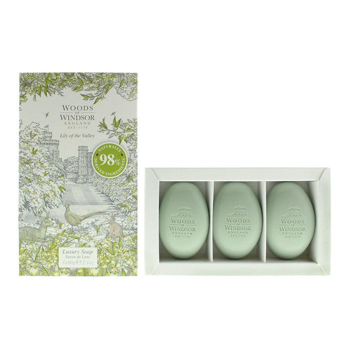 Set săpun de masaj Woods Of Windsor Lily Of The Valley, hidratant, cu unt de shea, 3 buc, 60 g