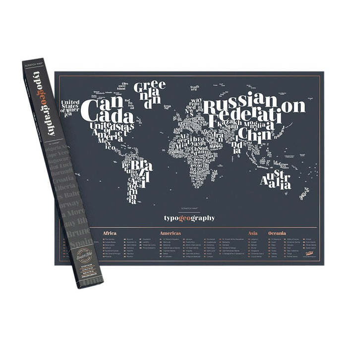 Hartă răzuibilă Luckies, Scratch Map Typogeography, 82,5 × 59,4 cm