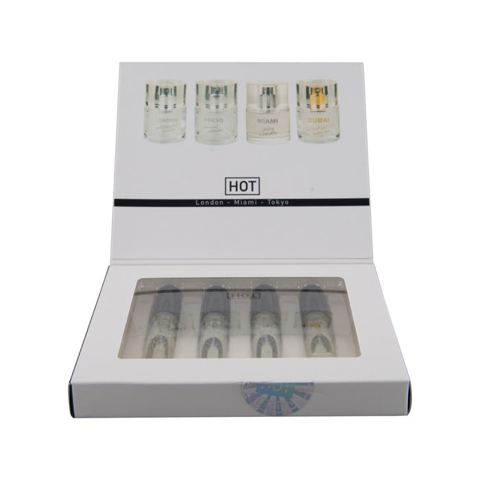 Set de parfumuri cu feromoni, Hot Pheromone, London, Dubai, Miami și Tokyo, 4 x 5 ml