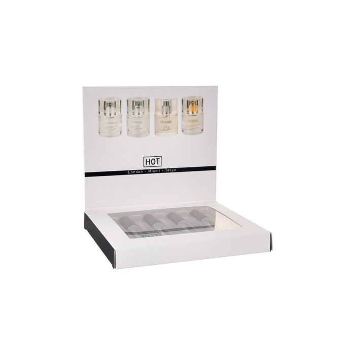 Set de parfumuri cu feromoni, Hot Pheromone, London, Dubai, Miami și Tokyo, 4 x 5 ml