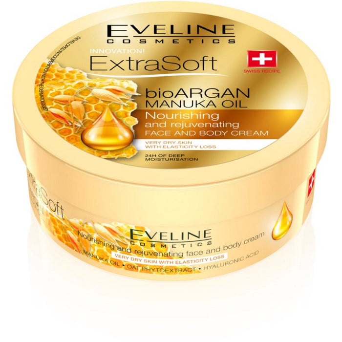Cremă de față și corp Eveline Cosmetics ExtraSoft Bio Organic Argan & Manuka Oil, hidratantă, pentru piele foarte uscată, 175 ml