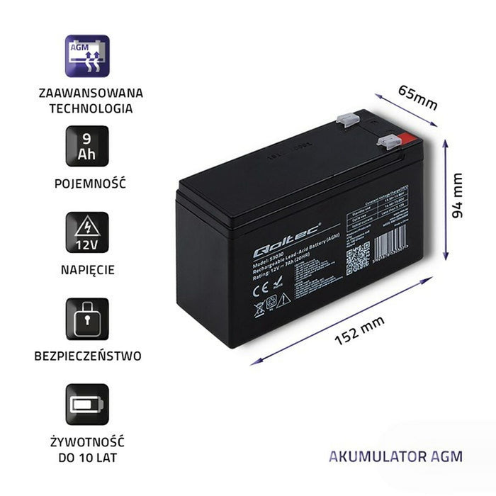 Baterie pentru Sistem de Alimentare Neîntreruptă Qoltec 53031 9 Ah 12 V