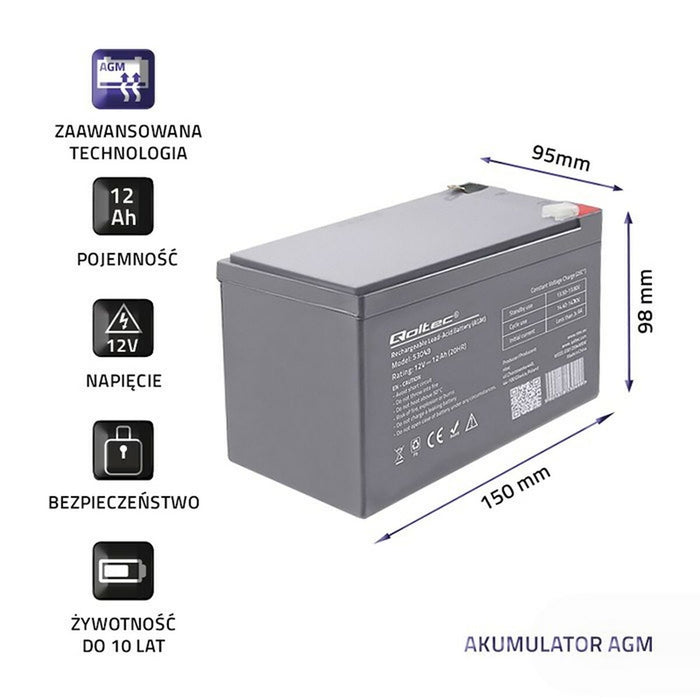 Baterie pentru Sistem de Alimentare Neîntreruptă Qoltec 53049 12 Ah 12 V