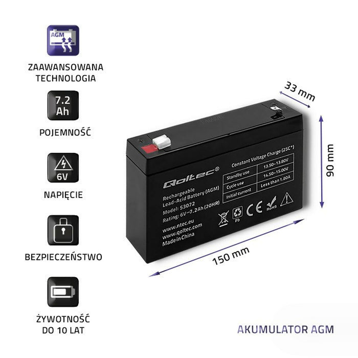 Baterie pentru Sistem de Alimentare Neîntreruptă Qoltec 53072 7200 mAh 6 V
