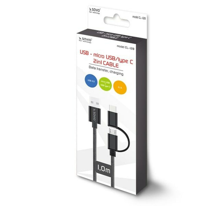Cablu USB la Micro USB și USB C Savio CL-128 Negru 1 m