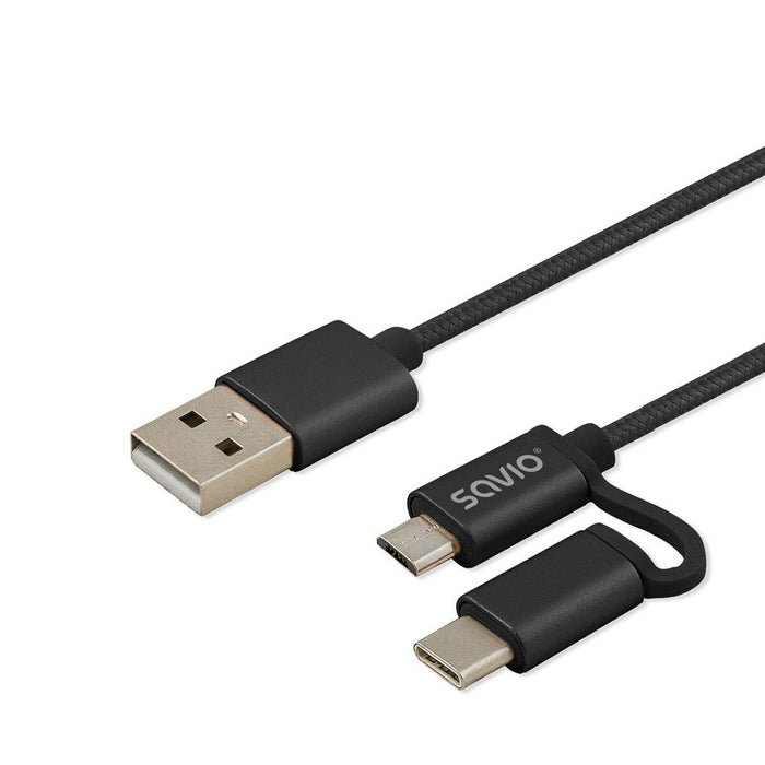 Cablu USB la Micro USB și USB C Savio CL-128 Negru 1 m
